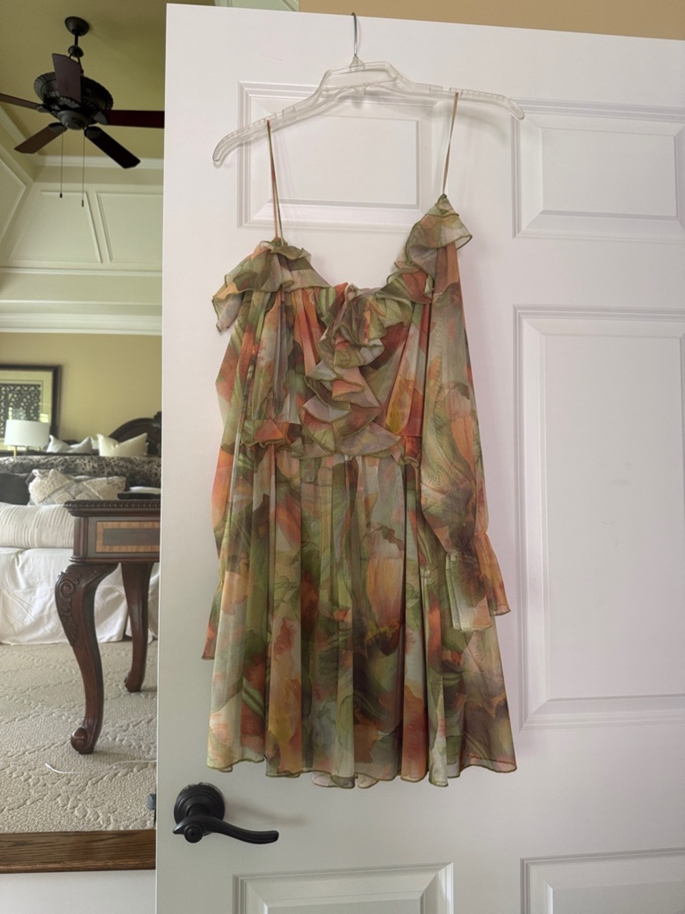 Zara Floral Ruffle mini Chiffon Slip Dress in Green and Peach